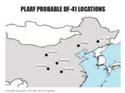 东风-41可能的部署地点，这是中国火箭军现有库存中最新最先进的洲际弹道导弹，可将最多3枚弹头发射到超过13000公里外的目标，可瞄准美国东海岸（source: "People’s Liberation Army Rocket Force Order of Battle 2023"截图)