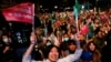 台湾民进党支持者1月13日挥舞旗帜，庆祝选举结果