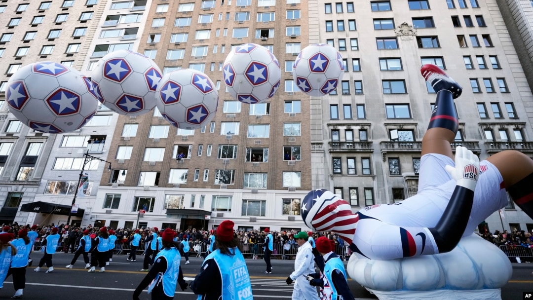 The U.S. Soccer float rides in the Macy's Thanksgiving Day Parade on Thursday, Nov. 24, 2022, in New York. (Photo by Charles Sykes/Invision/AP)