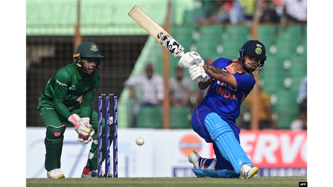 India's Ishan Kishan plays a shot during the third and final one-day international (ODI) cricket match between Bangladesh and India at the Zahur Ahmed Chowdhury Stadium in Chittagong on December 10, 2022. (Photo by Munir uz ZAMAN / AFP)