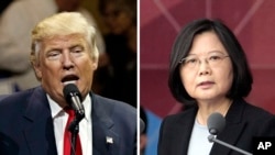 左图：美国当选总统川普在俄亥俄州辛辛那提对群众挥手和微笑（2016年12月1日）。右图：台湾总统蔡英文在台北的双十节庆祝大会上讲话（2016年10月10日）
