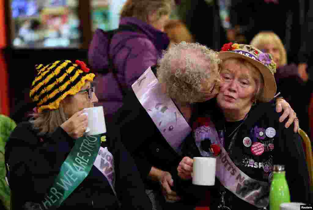 Women born in the 1950's wait for Britain's opposition Labour Party leader Jeremy Corbyn to outline the party's plans to repay the "historical debt of honor" owed to women born in the 1950's, in Renishaw.