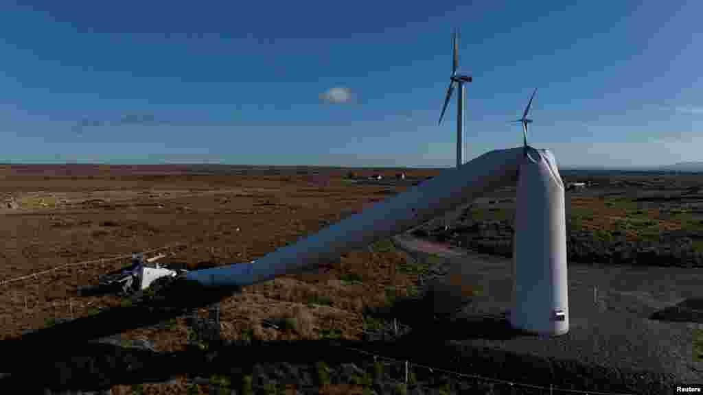 A drone view shows a damaged wind turbine that was blown over during Storm Eowyn, in Inverin, Ireland on January 29, 2025.