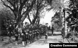 The USS Boston's landing force of U.S. Marines on duty at the Arlington Hotel, Honolulu, at the time of the overthrow of the Hawaiian monarchy, January 1893.