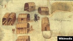 Village of the Algonquin-speaking Secotan in North Carolina. Watercolour painted by John White, 1585.