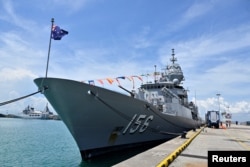 澳大利亞皇家海軍圖文巴號（Toowoomba）護衛艦在新加坡。該艦目前與菲律賓軍方在南中國海進行聯合巡邏。（資料照：2023年5月4日）