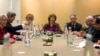 U.S. Secretary of State John Kerry, second left, meets with EU High Representative for Foreign Affairs, Catherine Ashton, center, and Iranian Foreign Minister Mohammad Javad Zarif, third right, at the Iran Nuclear talks in Geneva, Switzerland, Nov. 9, 2013.