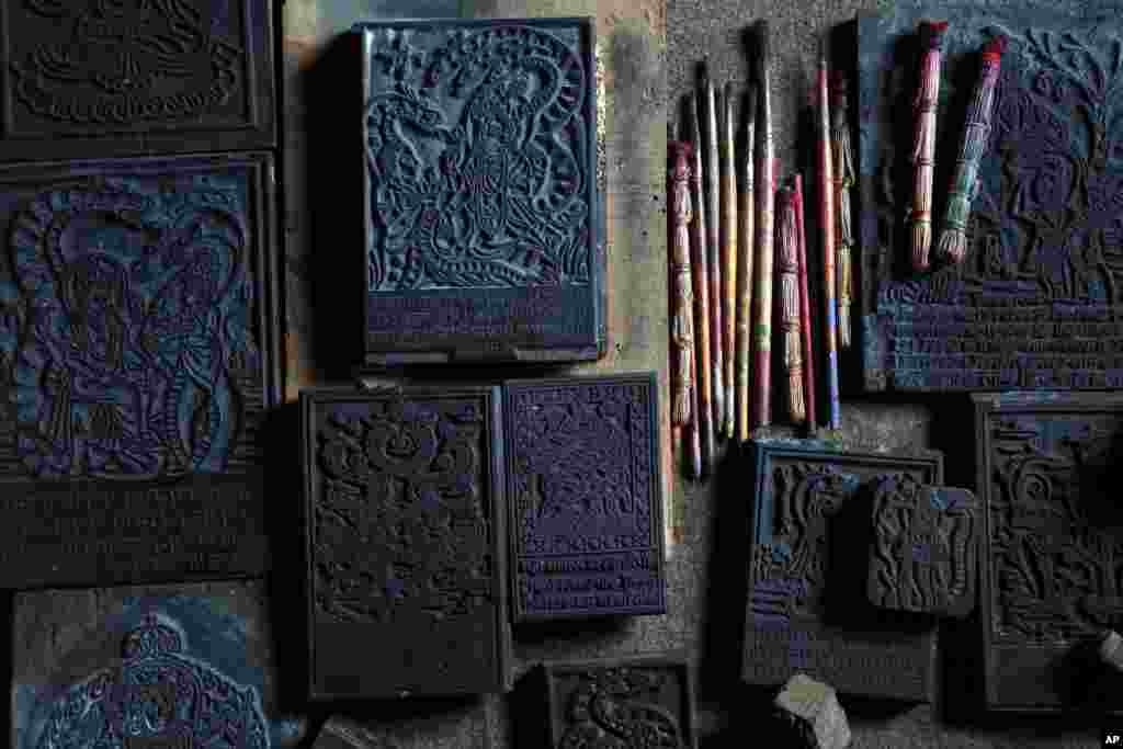 Wooden stamps, which are used to make traditional paintings, are displayed at the residence of Chitrakar couple Tej Kumari and Purna, in Bhaktapur, Nepal, July 31, 2019.