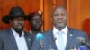 Riek Machar na Salva Kiir Mayardit wakizungumza na waandishi wa habari Juba, Sudan Kusini Februari 20, 2020. REUTERS/Jok Solomun