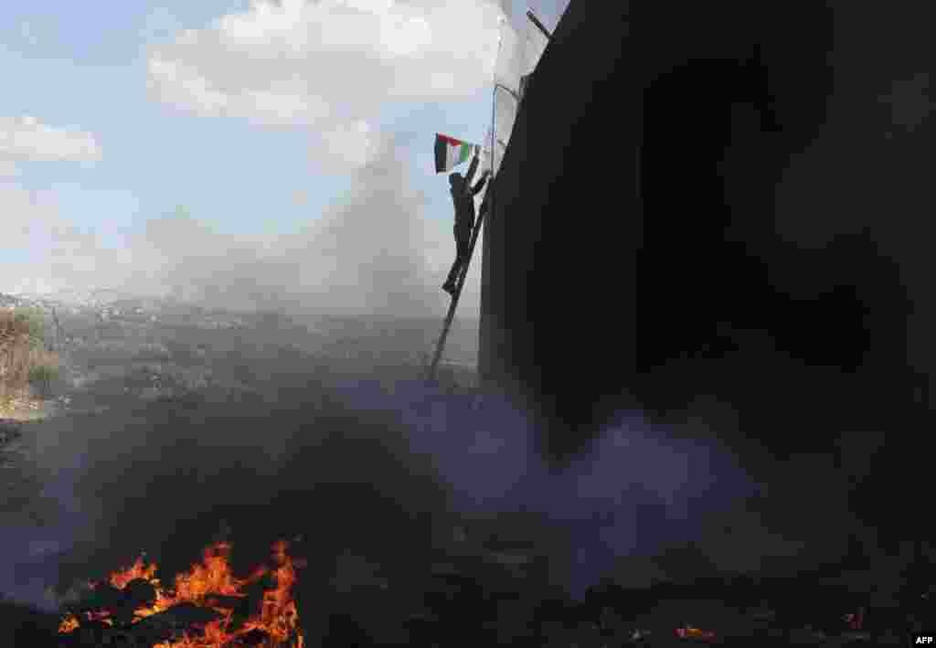 A demonstrator climbing a ladder fixes a Palestinian flag into the barbed wire topping Israeli's controversial separation barrier in the occupied West Bank village of Bilin near Ramallah.