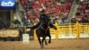 Photo of Sammy Jo Bird, member of Montana Blackfeet Nation, competing in 2016 Indian National Finals Rodeo in November 2016. Courtesy: Smith Rodeo Photos.