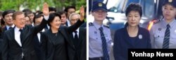 23일 문재인(왼쪽) 대통령 내외가 시민들에게 인사하며 경남 김해 봉하마을 노무현 전 대통령 8주기 추도식장에 입장하고 있다. 오른쪽 사진은 같은 날 박근혜(가운데) 전 대통령이 뇌물 혐의 등에 대해 첫 재판을 마친 후 호송차로 향하고 있는 모습.(서울·김해 사진공동취재단)