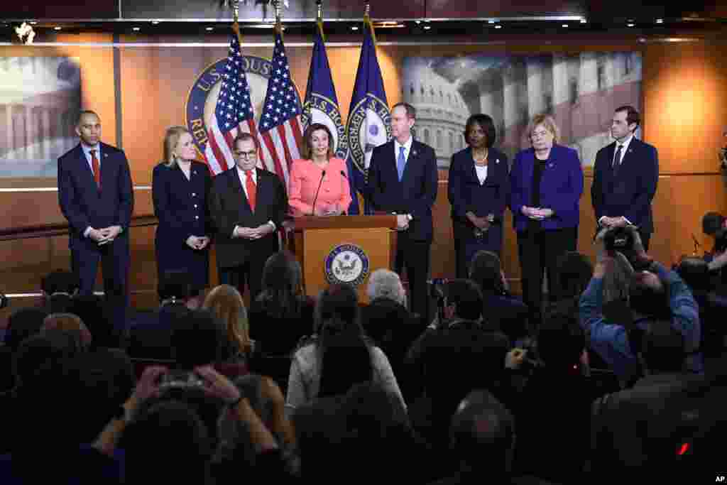 House Speaker Nancy Pelosi of Calif., speaks during a news conference to announce impeachment managers on Capitol Hill in Washington.