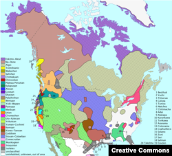 Map showing historic Native American language families north of Mexico.
