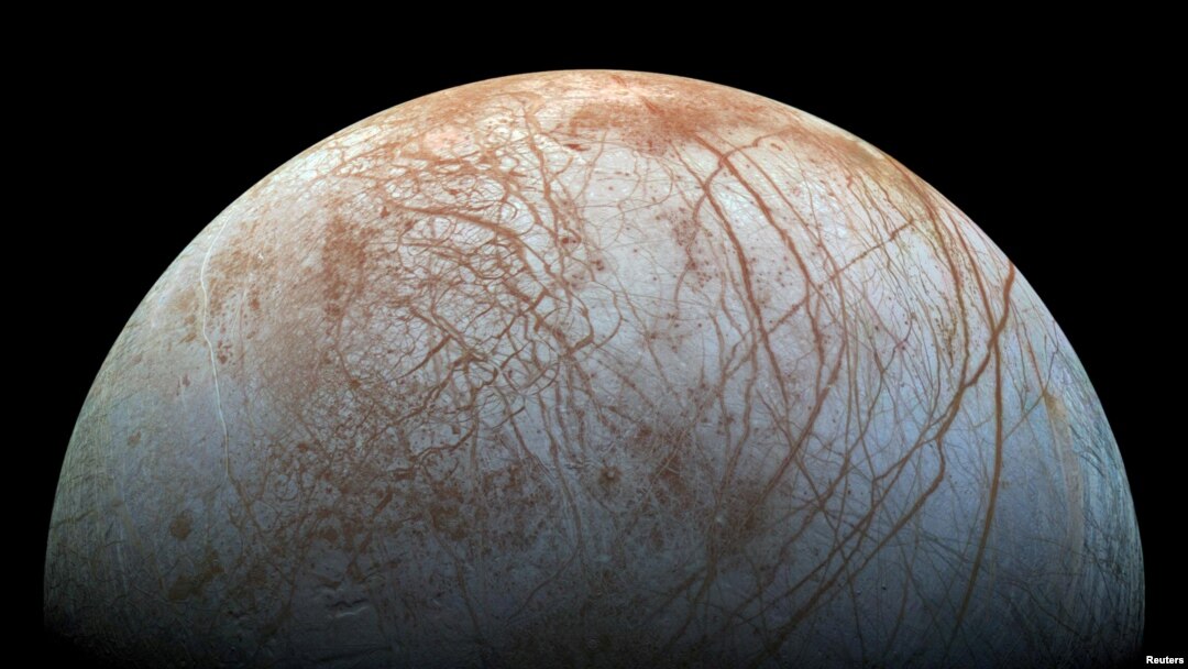 FILE - A view of Jupiter's moon Europa created from images taken by NASA's Galileo spacecraft in the late 1990's, according to NASA, obtained by Reuters May 14, 2018. (NASA/JPL-Caltech)