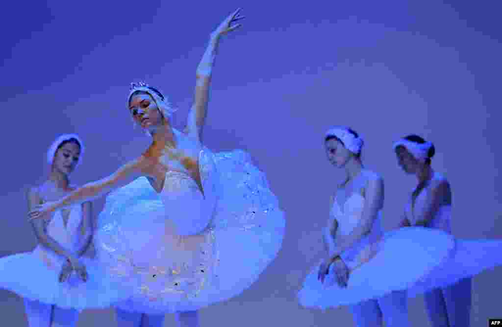 Dancers of the Royal Ballet of Russia perform a scene of the Swan Lake during a rehearsal at the Colon theatre in Bogota, Colombia, Jan. 29, 2020.