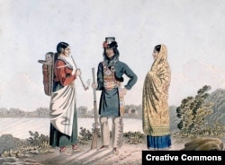 A Métis man and his two wives, artist unknown, circa 1825-1826