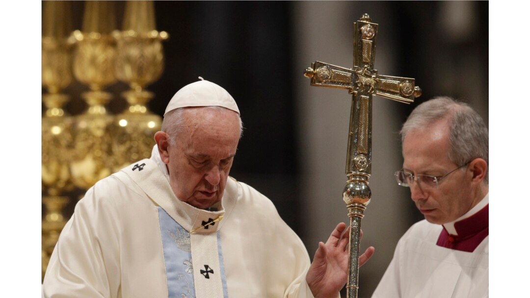 Pope Francis presides over a Mass for the solemnity of St. Mary at the beginning of the new year, in St. Peter's Basilica at the Vatican, Jan. 1, 2020.