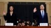 美国国家安全委员会原俄罗斯问题高级专家菲奥娜·希尔和美国职业外交官戴维·霍尔姆斯在国会弹劾听证会上宣誓作证。(2019年11月21日)