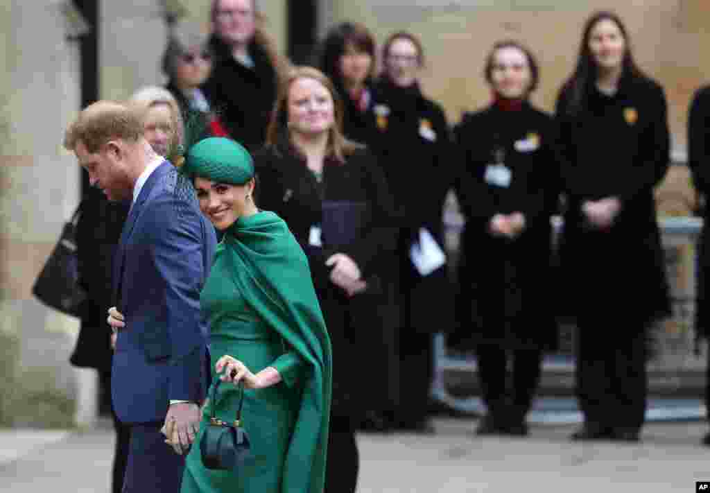 Britain's Prince Harry and Meghan, Duchess of Sussex, arrive to attend the annual Commonwealth Day service at Westminster Abbey in London.