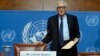 UN-Arab League envoy for Syria, Lakhdar Brahimi, arrives to give a press conference on the Syrian peace talks, at the United Nations headquarters in Geneva, Jan. 31, 2014. 