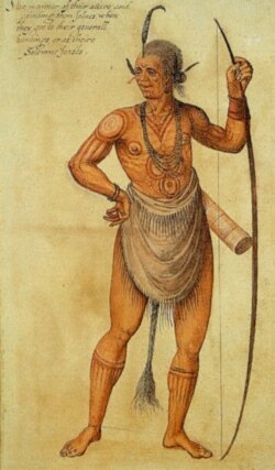 Watercolor portrait of an Algonquin chief in the village of Secotan, in N.C., painted by John White in 1585.