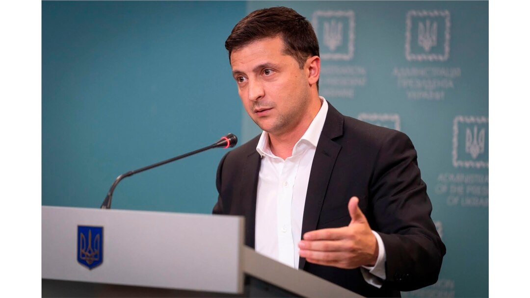 Ukrainian President Volodymyr Zelenskiy speaks to media during his press conference in Kyiv, Ukraine, Oct. 1, 2019.