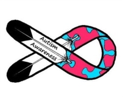 Image conceived by Meskee Yatsayte and drawn by J.R. Taylor. The two feathers symbolize her two children with autism spectrum disorder; puzzle pieces reflect the complexity of the autism spectrum.