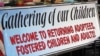 Photo shows banner at an annual pow wow organized by First Nations Repatriation Institute to welcome returning adoptees and fostered children back to the reservation. Courtesy: Sandy White Hawk.