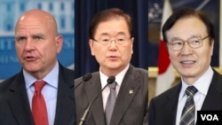 허버트 맥매스터 미국 백악관 국가안보보좌관(왼쪽부터)과 정의용 한국 청와대 국가안보실장, 야치 쇼타로 일본 국가안전보장회의 사무국장이 화상회의를 갖고 북한의 핵, 미사일 도발에 대한 3국 대응 방안을 논의했다. [AP, 연합뉴스, REUTERS 자료사진]