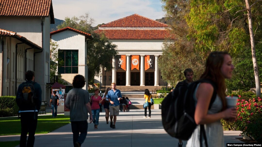 View of Thorne Hall from the Johnson Student Center quad on the campus of Occidental College in Los Angeles, California. (Photo by Marc Campos/Courtesy of Occidental College)